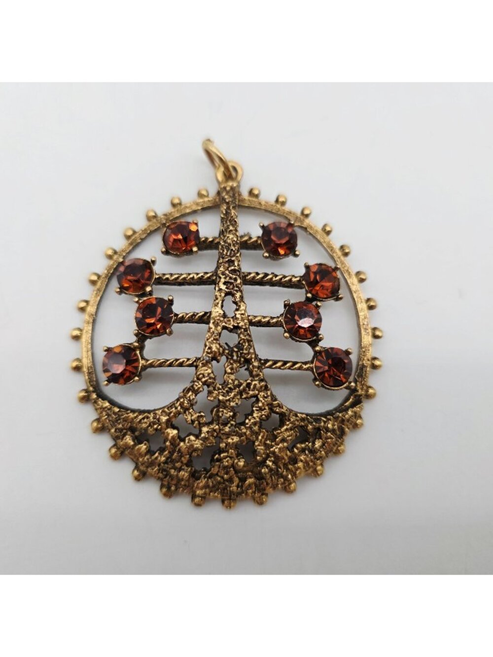 Gold Tone Filigree Pendant 8 Amber Rhinestones & Nuggets 1970s Vintage 2" - Picture 1 of 5
